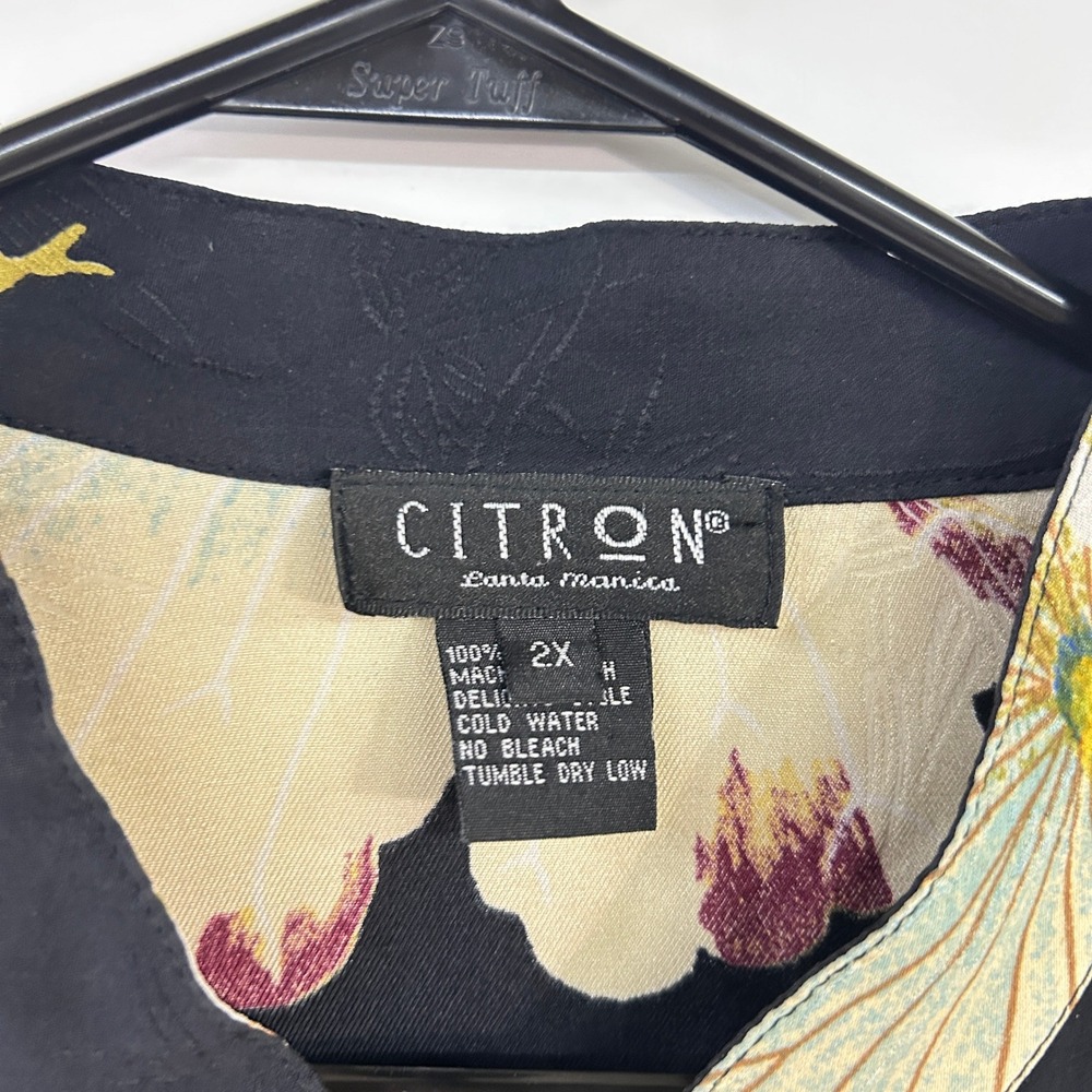 Citron Santa Monica 100% Silk Tunic 2X Black Floral Asian Art to Wear Boho - Picture 4 of 11